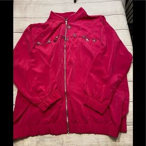 VINTAGE Silver Threads Hot Pink Windbreaker Jacket Women's XL Star Studs ZipUp.